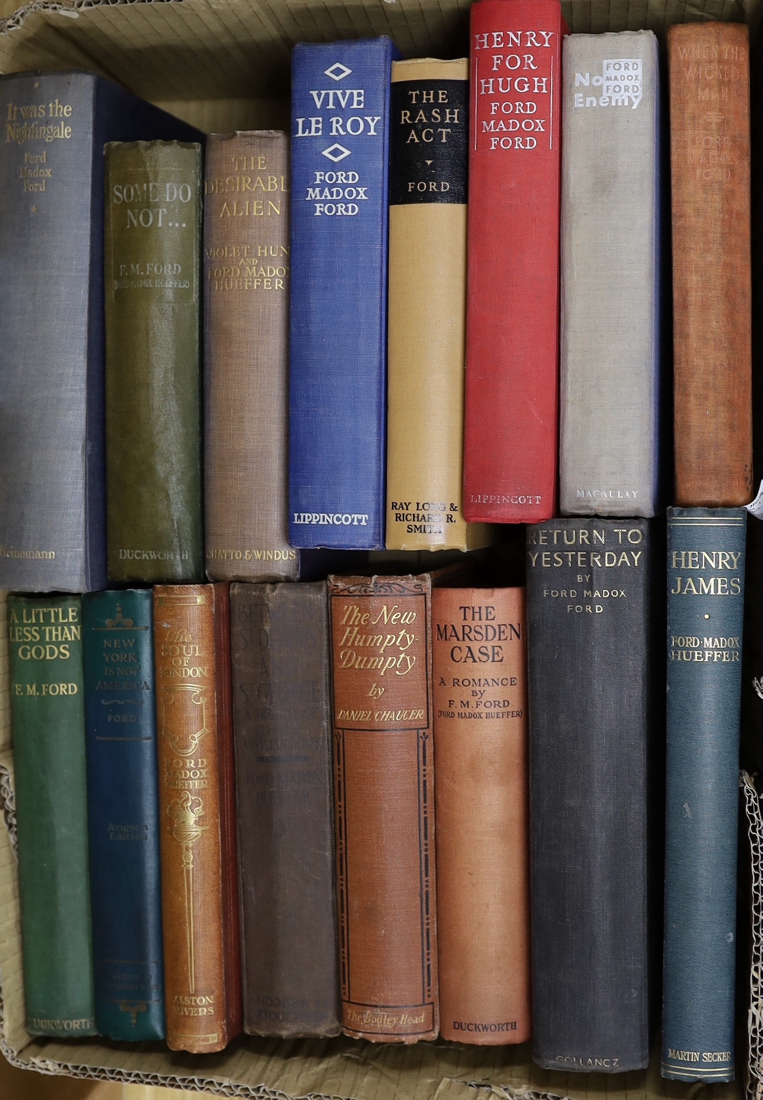 Ford, Madox Ford (Ford Madox Hueffer) - a collection of 16 works - The Soul of London: A Survey of a Modern City, Alston Rivers, London, 1905; Under the pseudonym of Daniel Chaucer - The New Humpty-Dumpty, London, 1912;